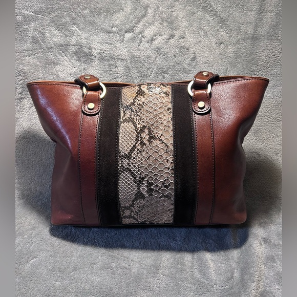 Etienne Aigner Cognac, Suede and Snakeskin Leather Tote w/ Silver Hardware - Picture 7 of 13